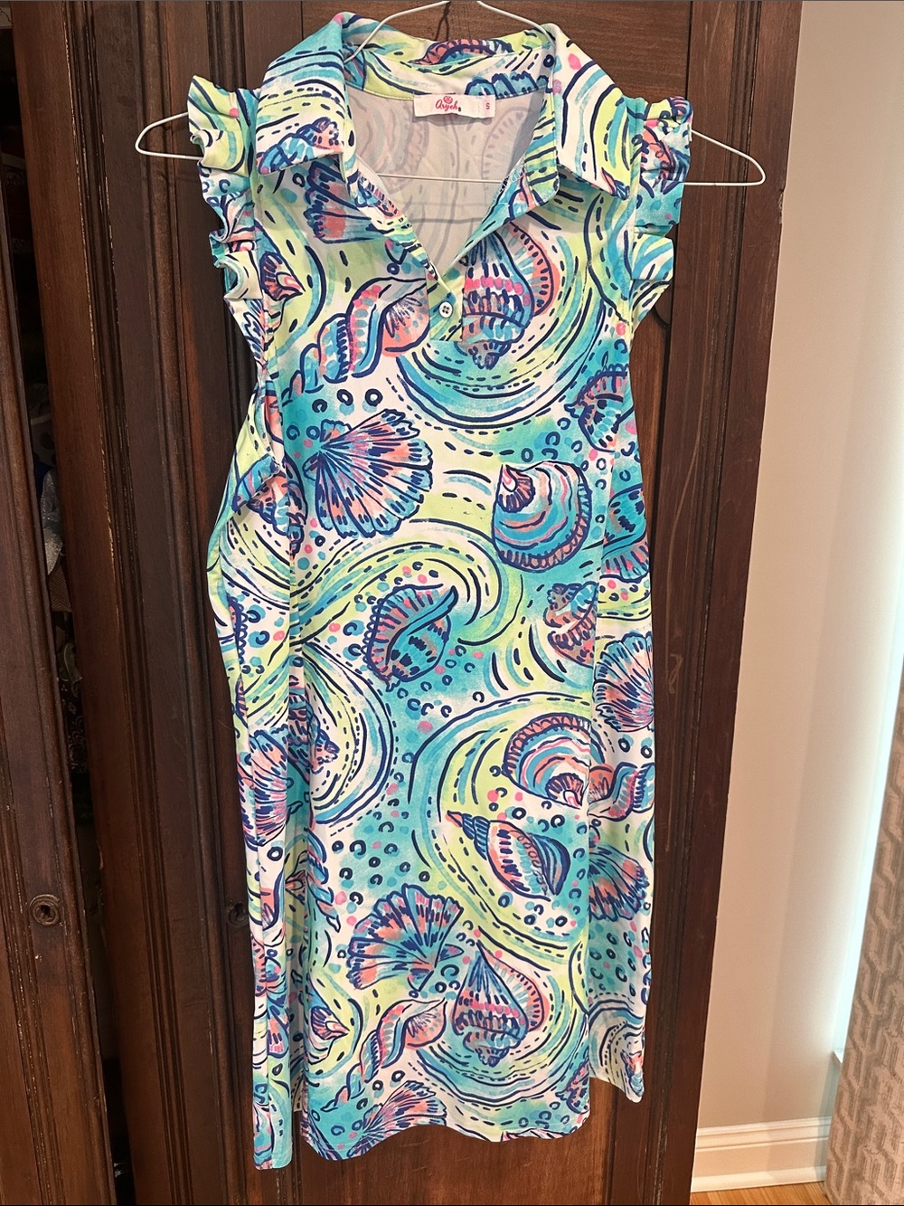 Aryeh Sleeveless Seashell Print Shift Dress - Aqua/Pink size small